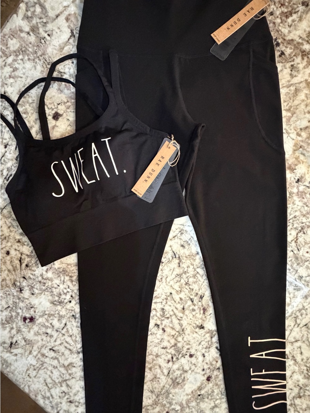 Rae Dunn Sweat Black Women's Sports Bra & Leggings Set Size Small NWT